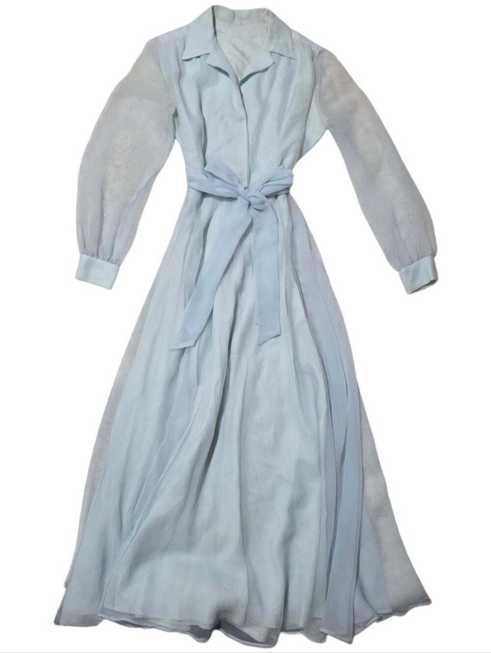 Beautiful light blue long sleeve maxi  vintage sheer collared dress with Tie